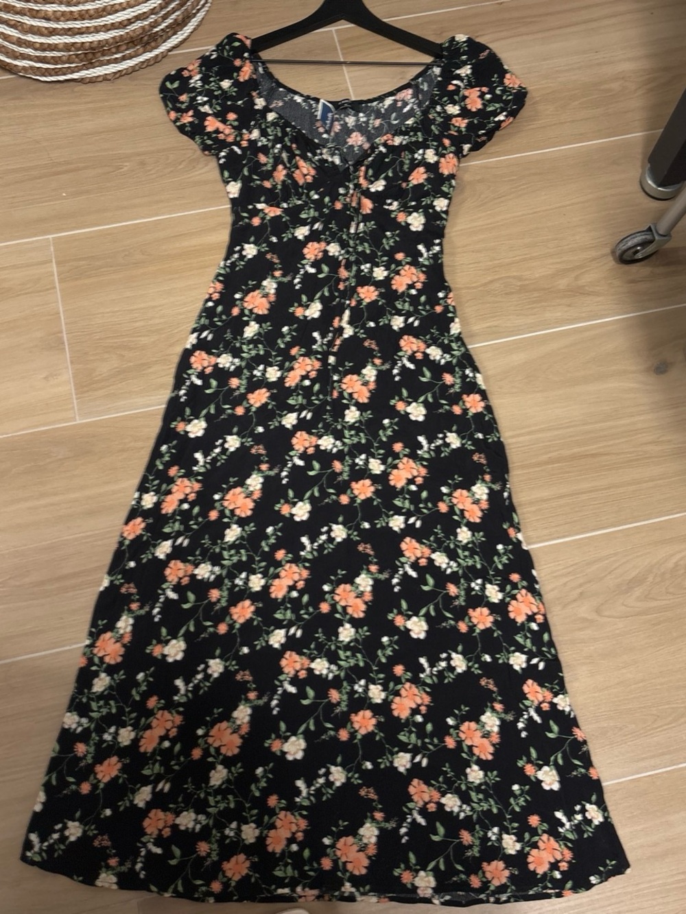 Black Floral Midi Dress with Peach Blooms and Puff Sleeves